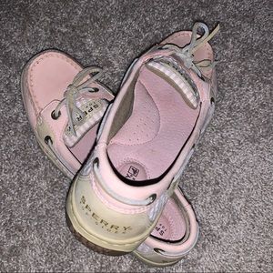 Sperrys with pink searsucker print. Size 7